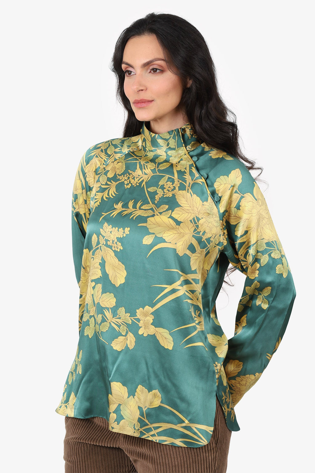 Max Mara Green Silk Floral Mock Neck Top Size 8