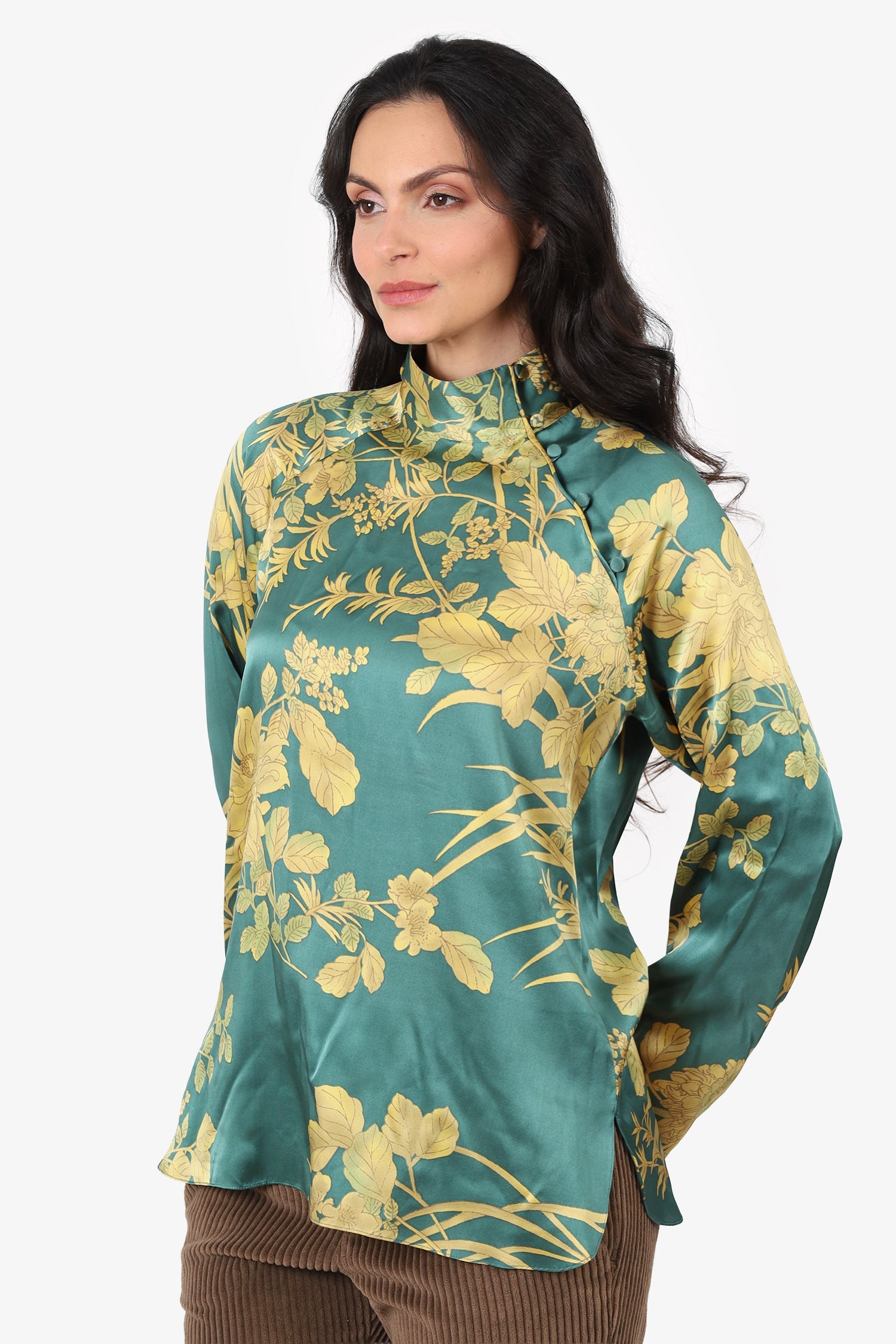 Max Mara Green Silk Floral Mock Neck Top Size 8