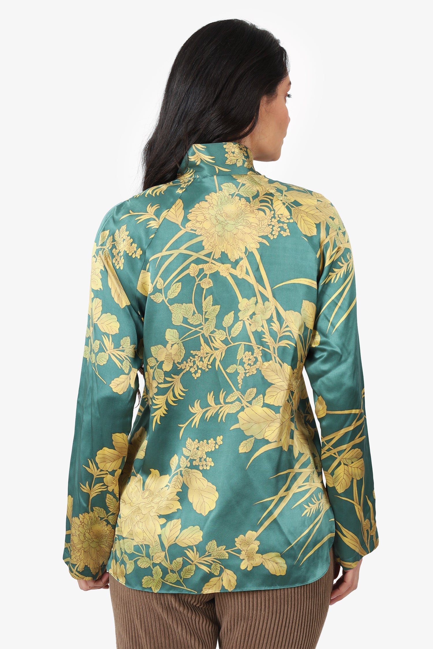 Max Mara Green Silk Floral Mock Neck Top Size 8