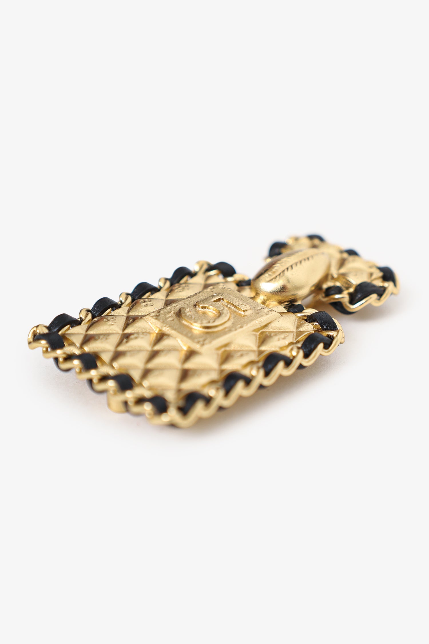 Pre-Loved Chanel™ B23 Gold Tone Leather Interlaced No.5 Perfume Bottle Brooch