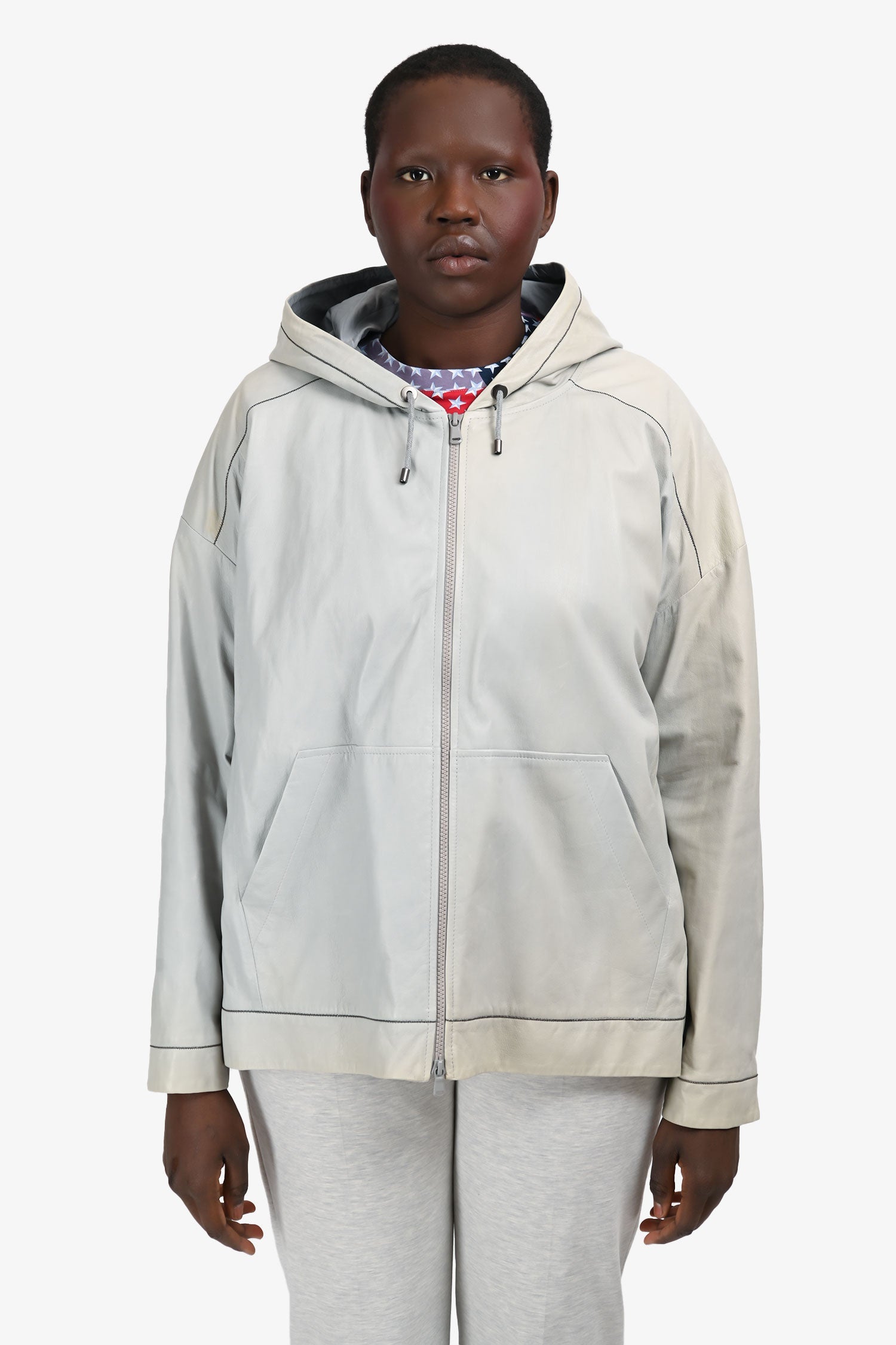 Brunello Cucinelli Grey Leather Monili Detail Hooded Jacket Size 46