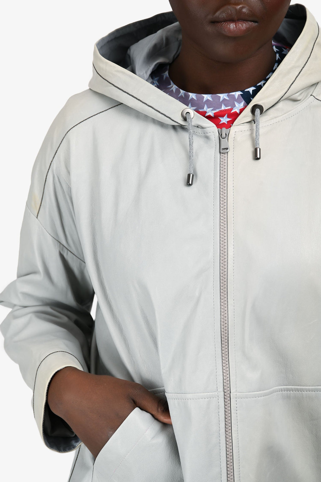 Brunello Cucinelli Grey Leather Monili Detail Hooded Jacket Size 46