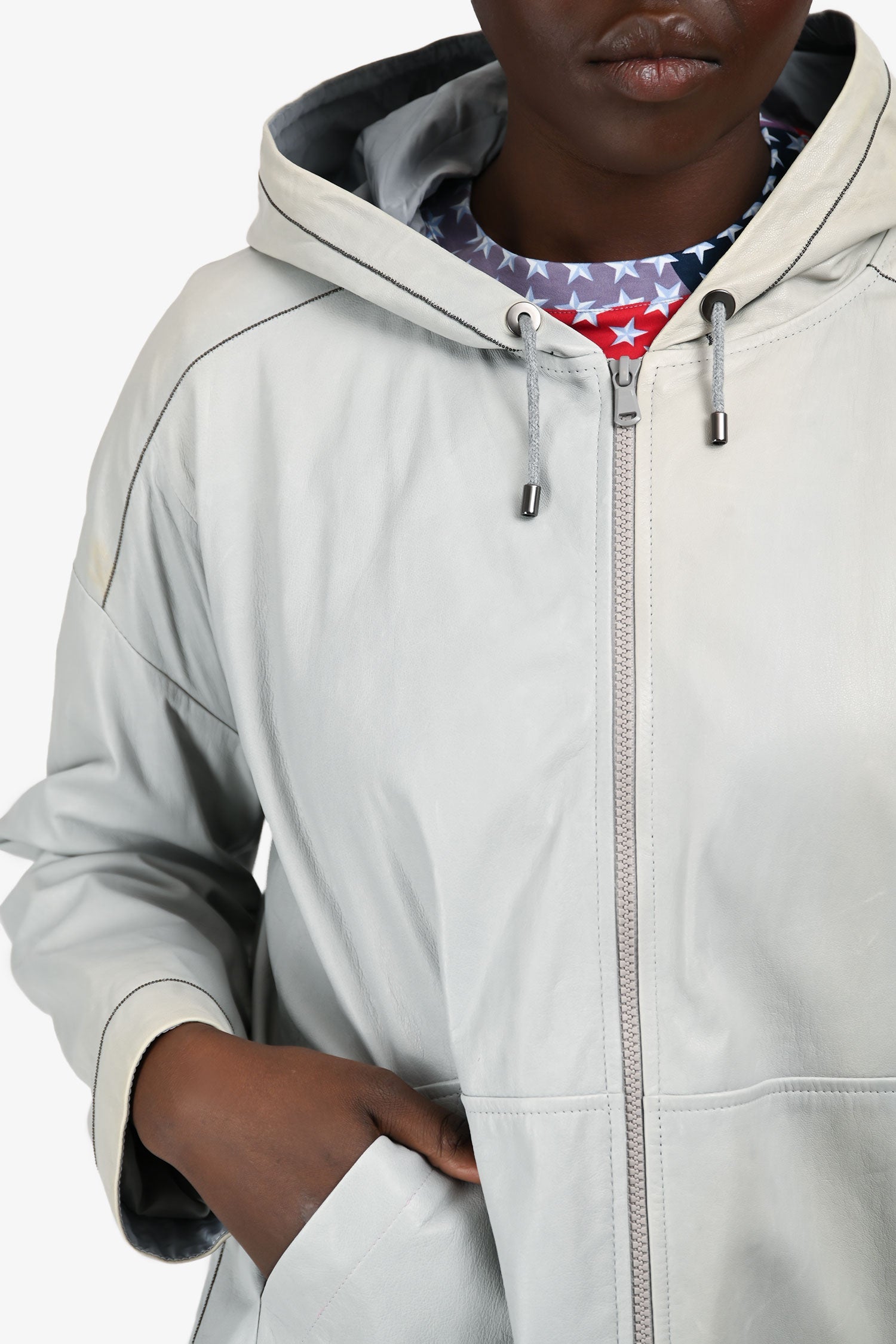Brunello Cucinelli Grey Leather Monili Detail Hooded Jacket Size 46