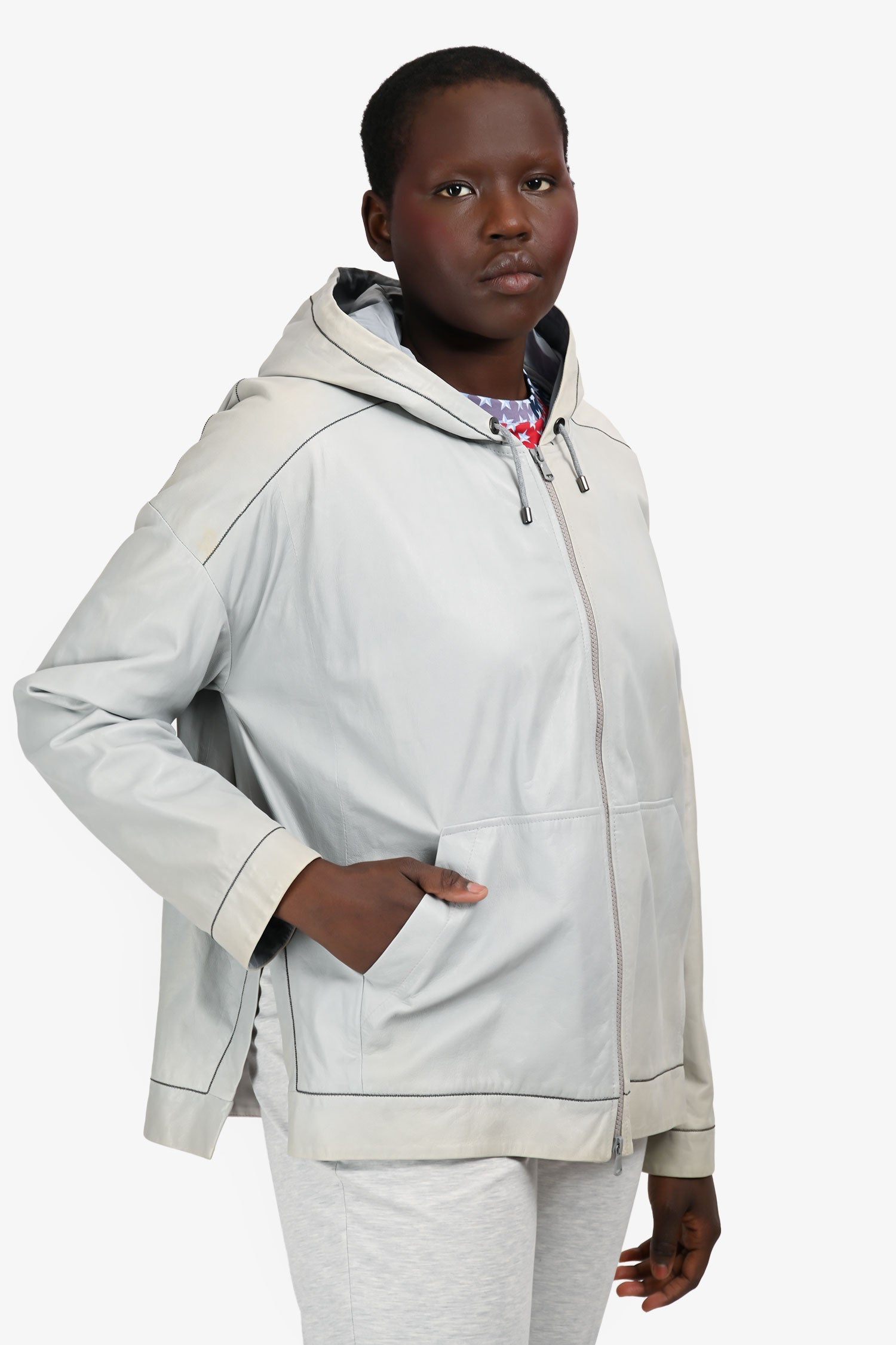 Brunello Cucinelli Grey Leather Monili Detail Hooded Jacket Size 46