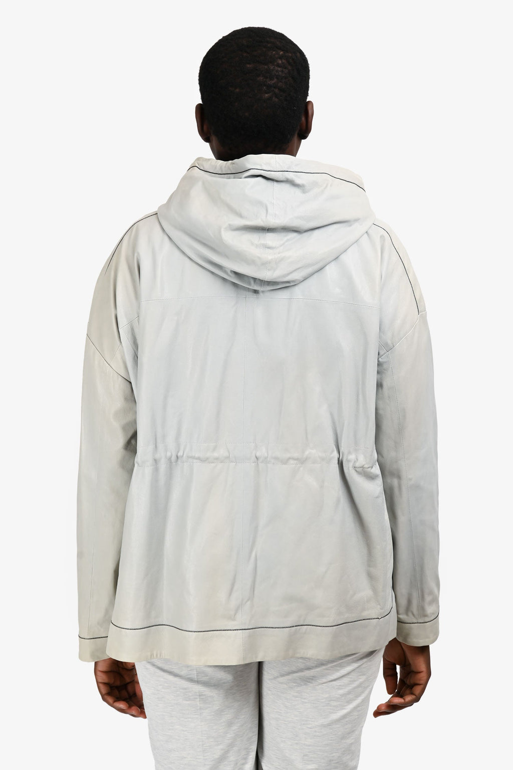 Brunello Cucinelli Grey Leather Monili Detail Hooded Jacket Size 46