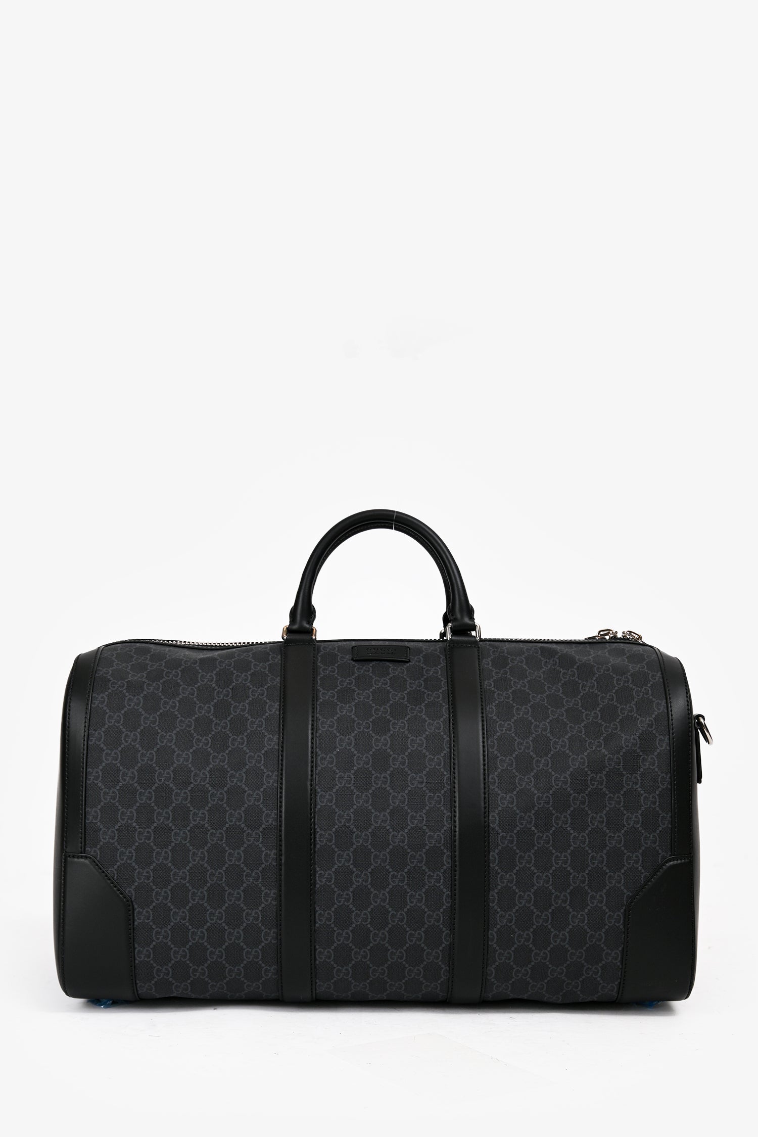 Gucci Black GG Supreme Canvas Leather Trimmed Large Duffle Bag with Web Canvas Shoulder Strap
