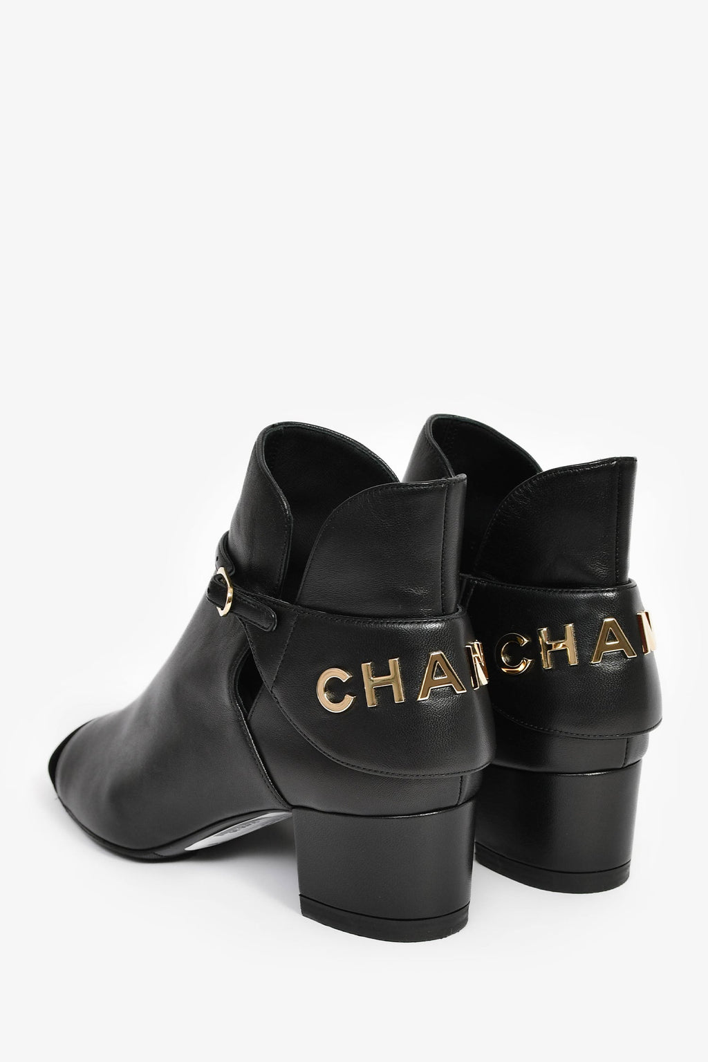 Pre-Loved Chanel™ 2021 Black Leather/Velvet Cap Toe Buckle Ankle Boots Size 37