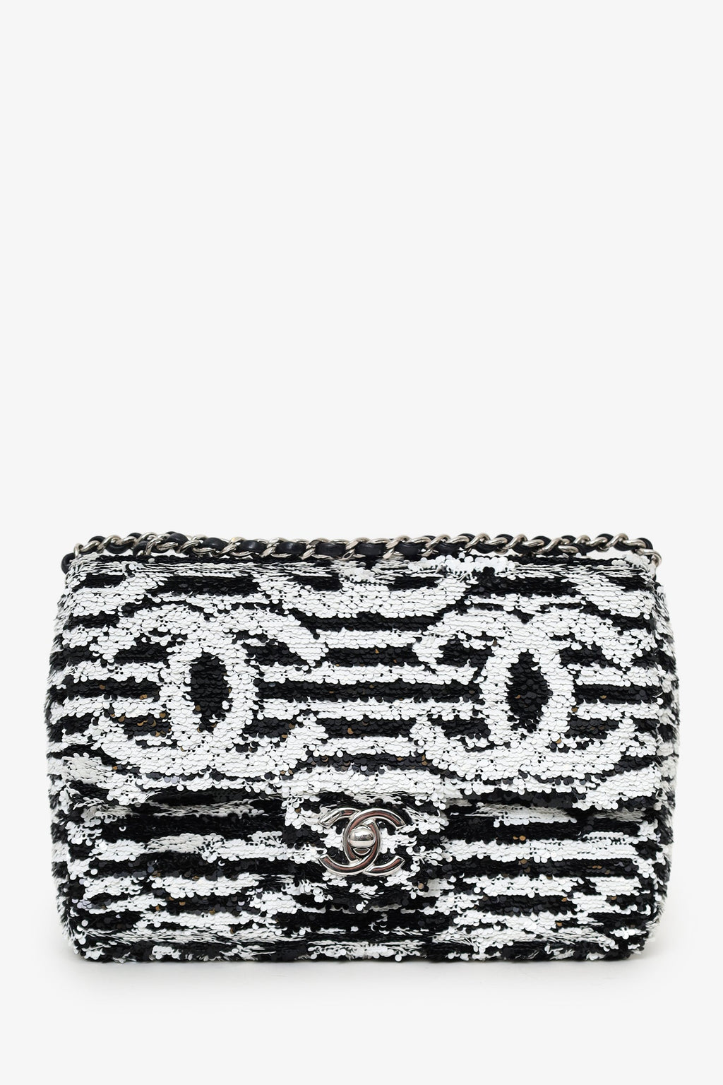 Pre-Loved Chanel™ 24S Black/White Sequins CC Mini Single Flap Bag
