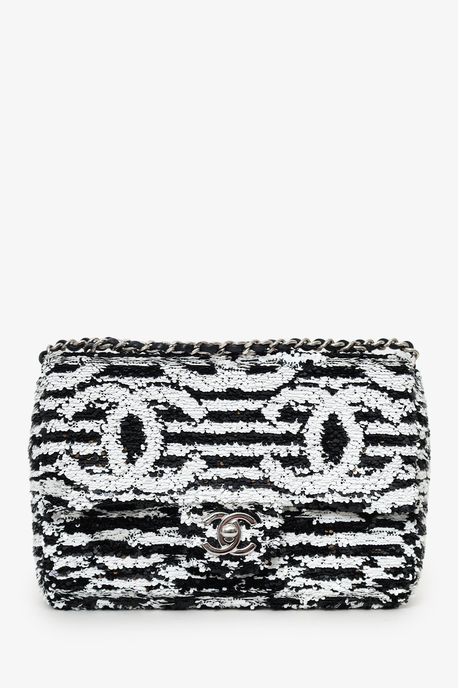 Pre-Loved Chanel™ 24S Black/White Sequins CC Mini Single Flap Bag