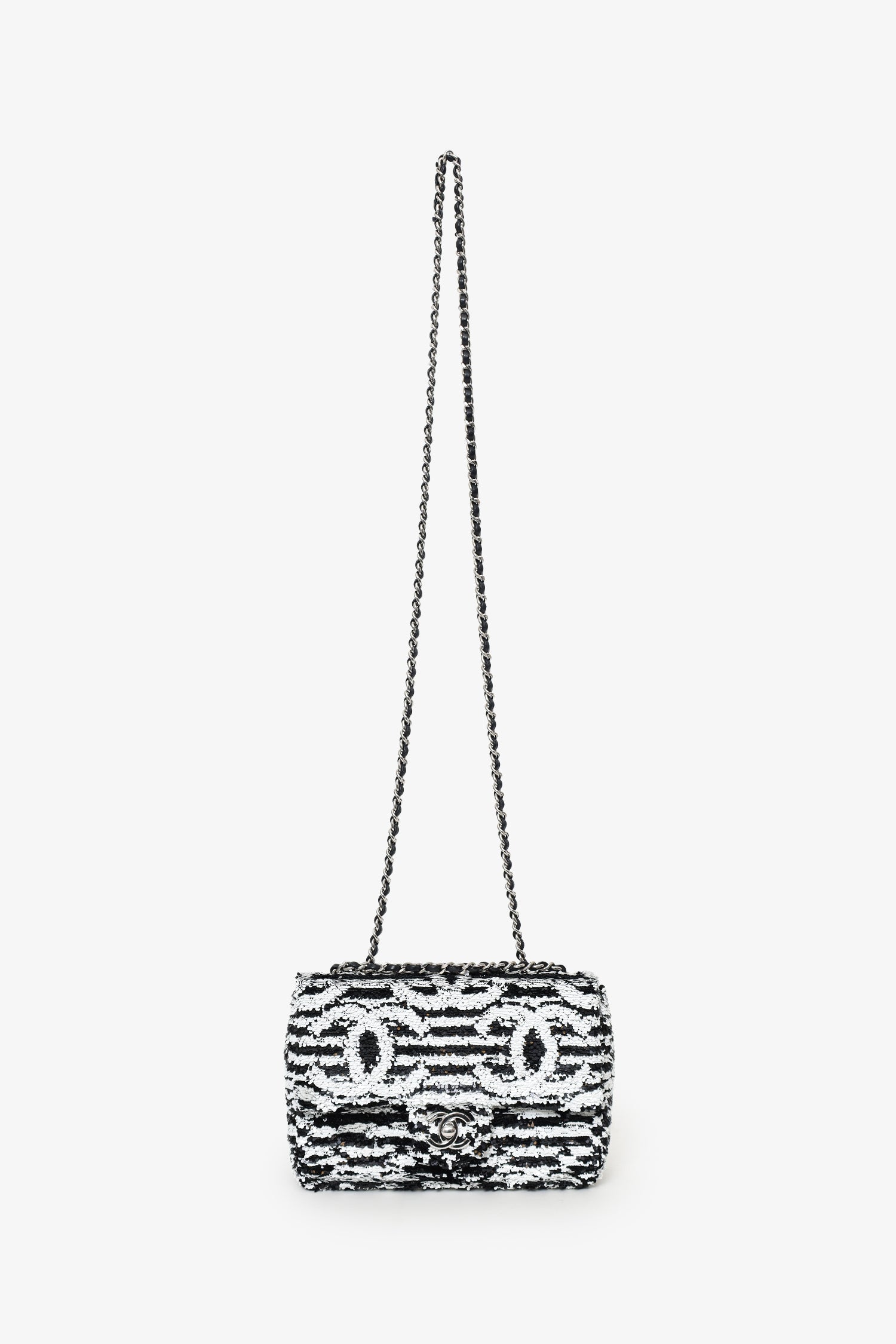 Pre-Loved Chanel™ 24S Black/White Sequins CC Mini Single Flap Bag