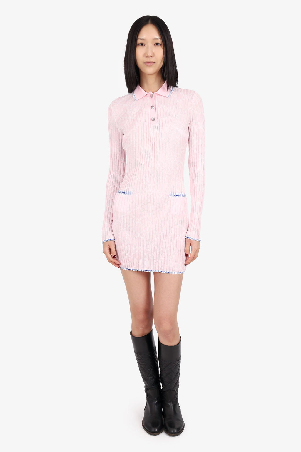 Pre-Loved Chanel™ 24S Pink Stretch Knitted Polo Dress Size 34