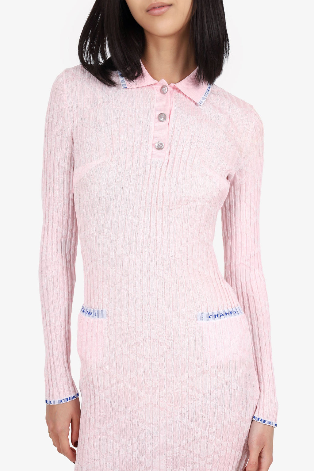 Pre-Loved Chanel™ 24S Pink Stretch Knitted Polo Dress Size 34