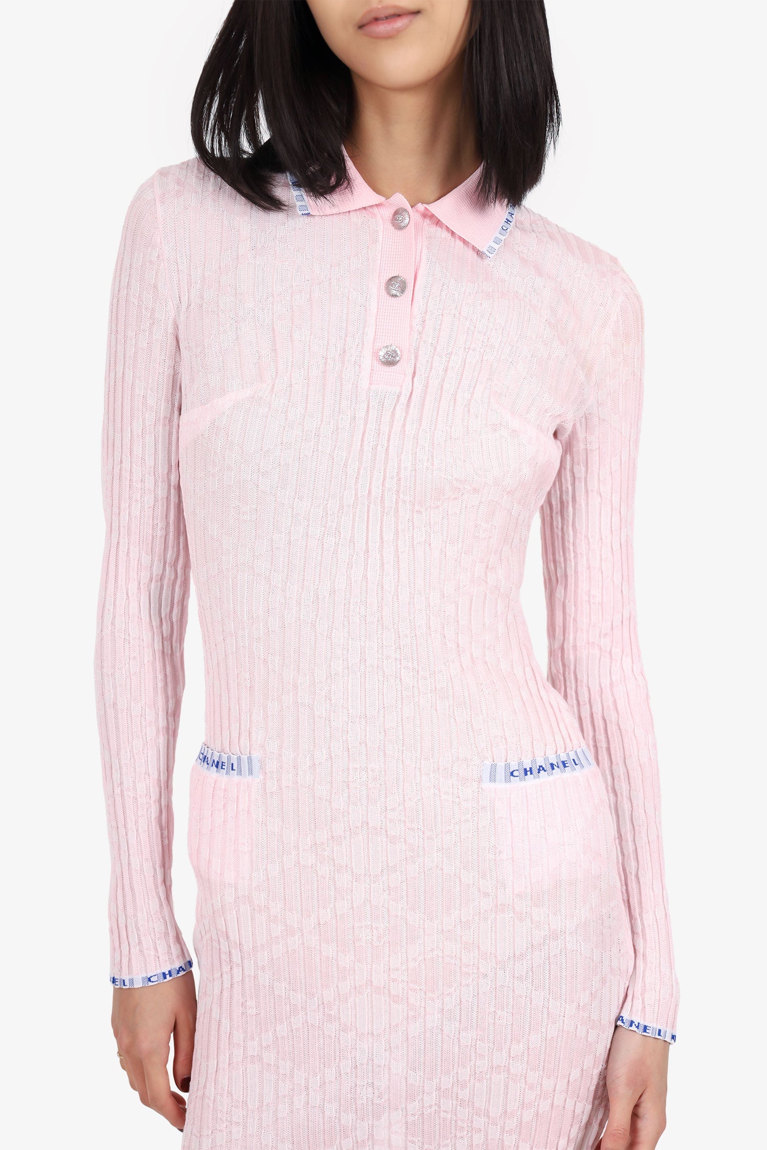Pre-Loved Chanel™ 24S Pink Stretch Knitted Polo Dress Size 34