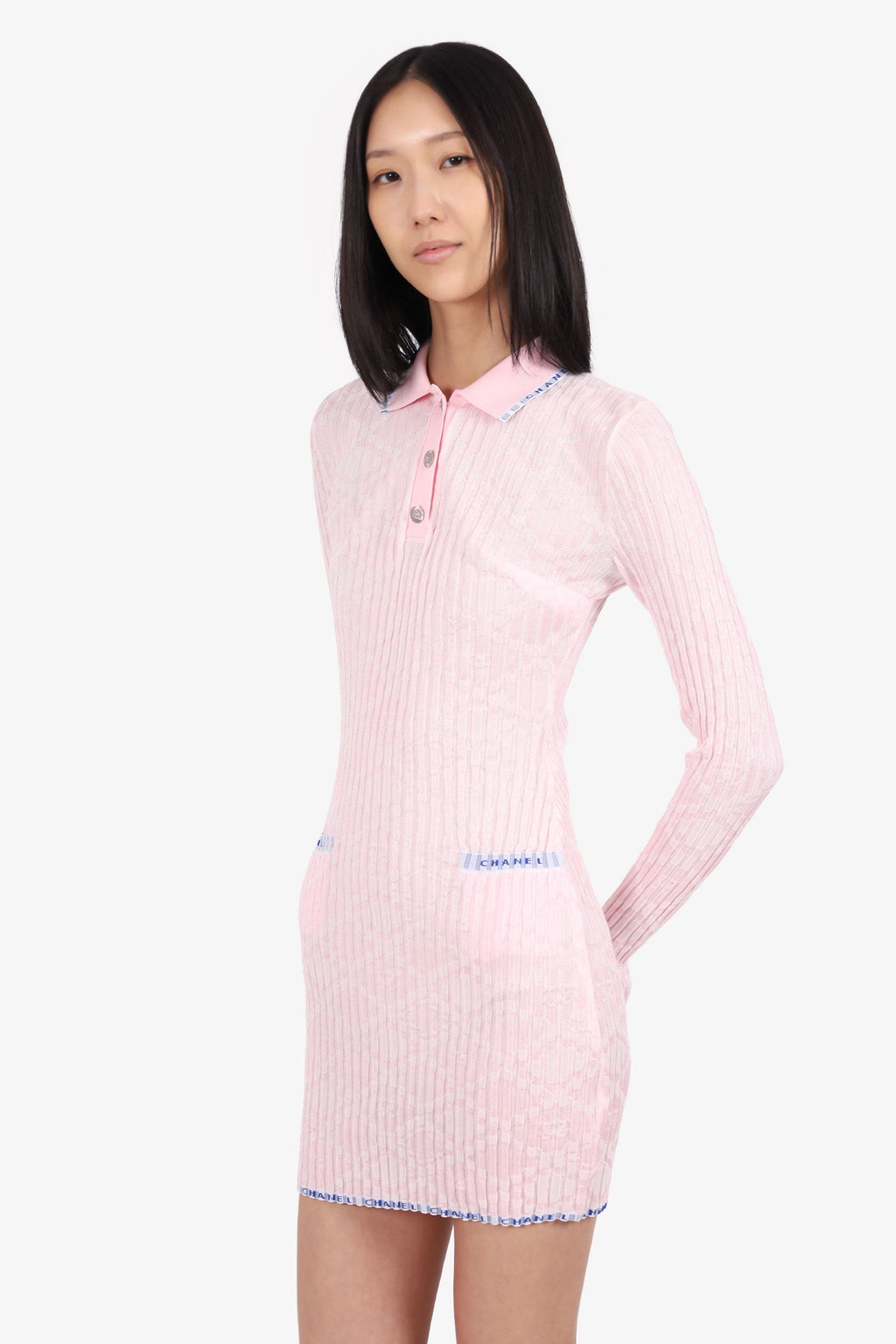 Pre-Loved Chanel™ 24S Pink Stretch Knitted Polo Dress Size 34