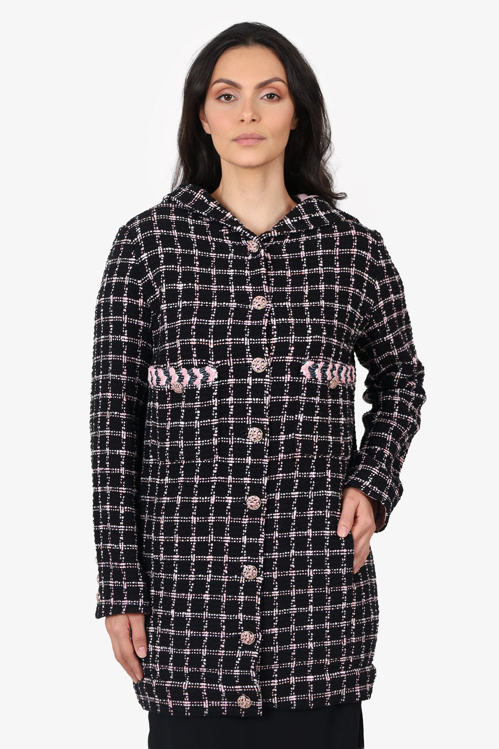 Pre-Loved Chanel™ 24S Black/Pink Tweed Coat With Hood Size 42