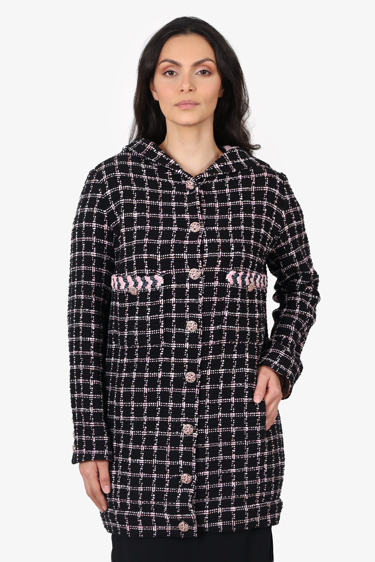 Pre-Loved Chanel™ 24S Black/Pink Tweed Coat With Hood Size 42