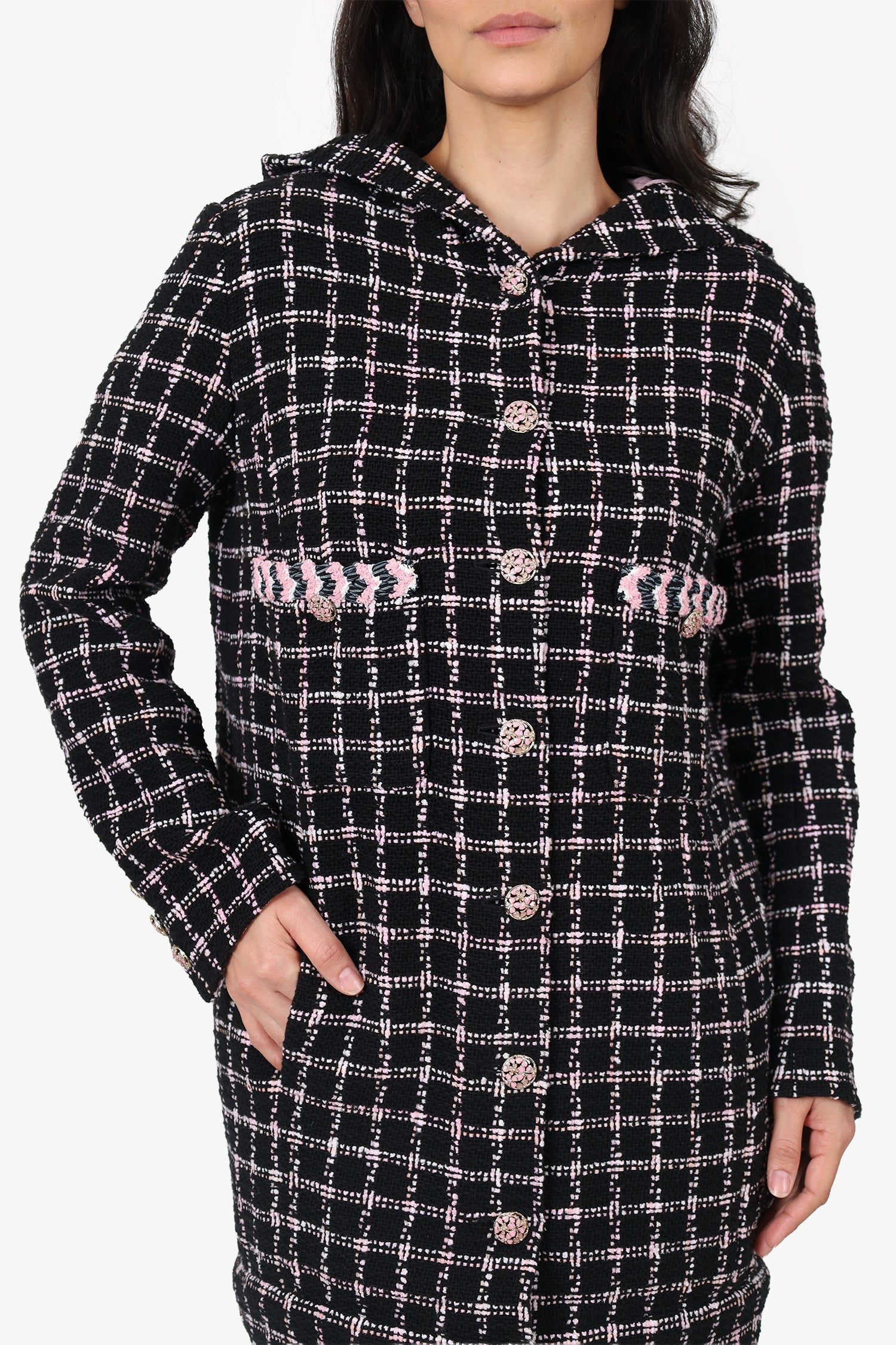 Pre-Loved Chanel™ 24S Black/Pink Tweed Coat With Hood Size 42