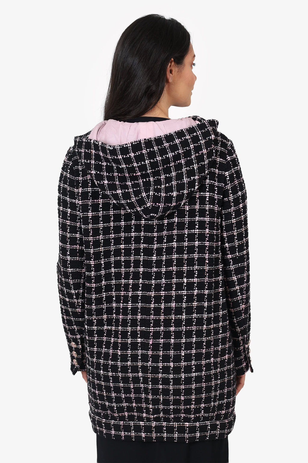 Pre-Loved Chanel™ 24S Black/Pink Tweed Coat With Hood Size 42