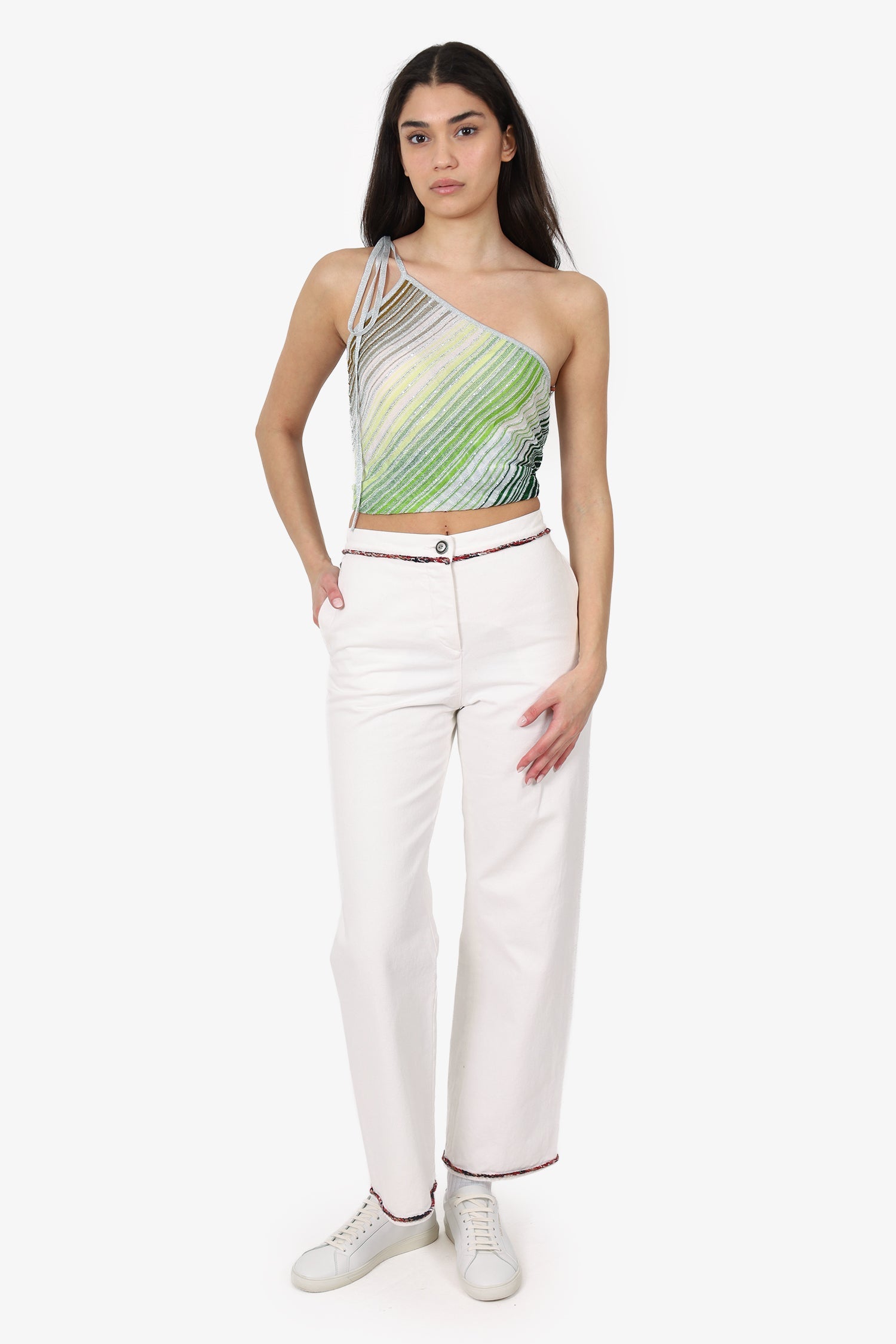 Pre-Loved Chanel™ White Denim Tweed Trimmed Wide Leg Jeans Size 38