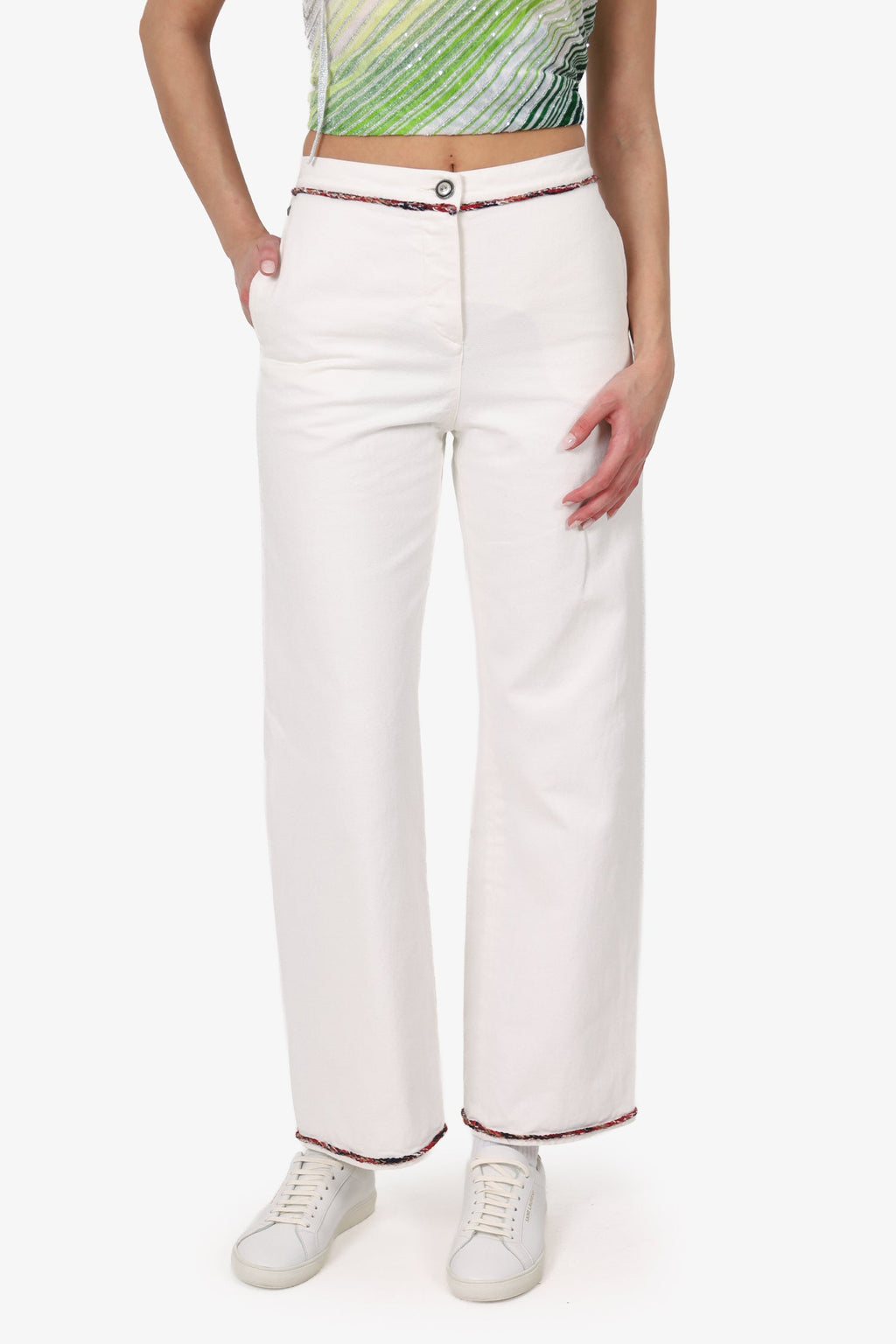 Pre-Loved Chanel™ White Denim Tweed Trimmed Wide Leg Jeans Size 38