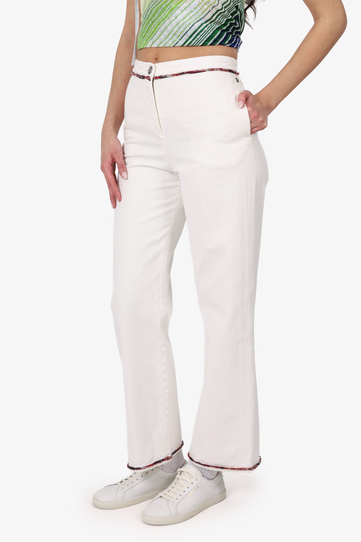 Pre-Loved Chanel™ White Denim Tweed Trimmed Wide Leg Jeans Size 38