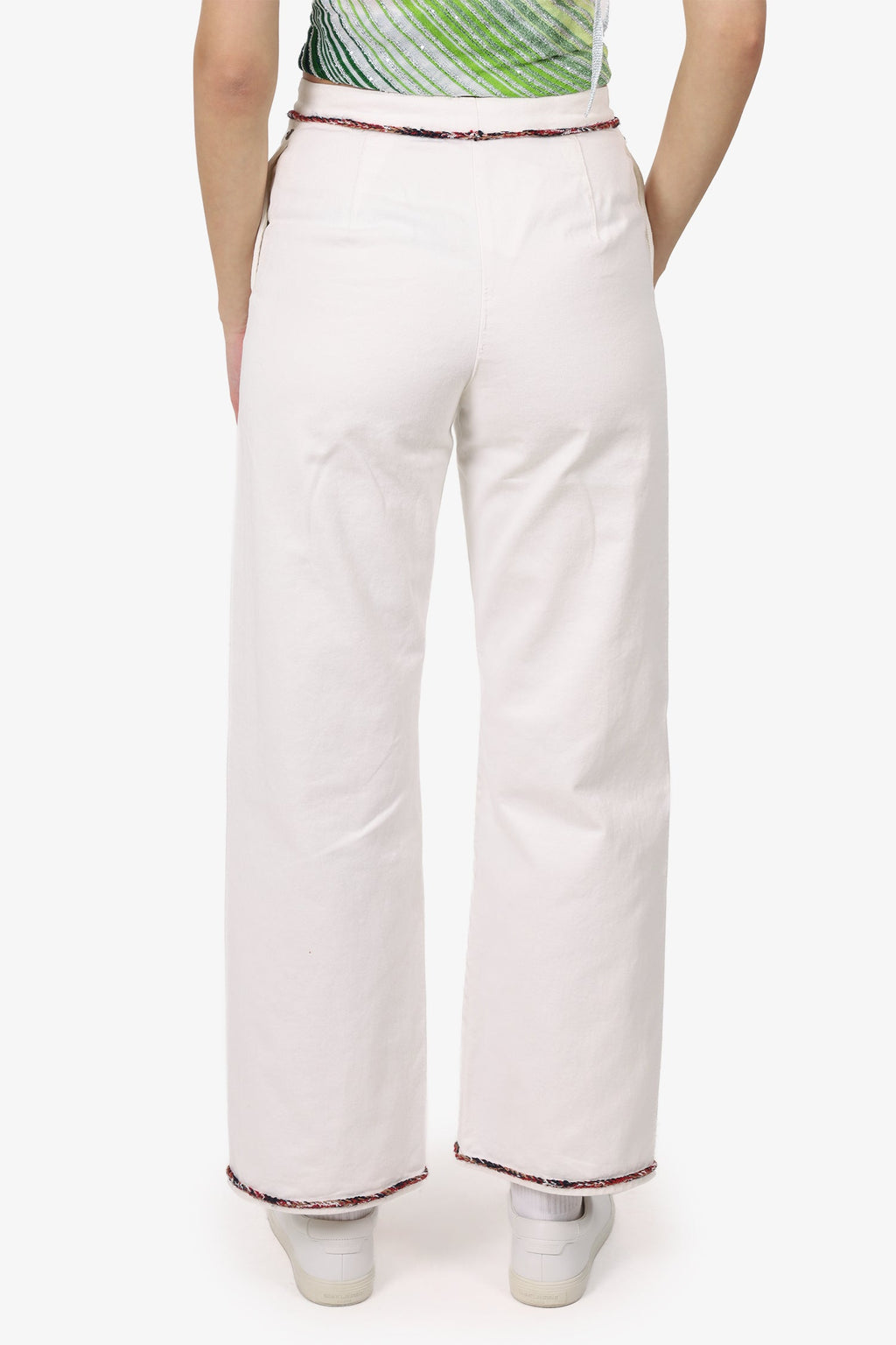 Pre-Loved Chanel™ White Denim Tweed Trimmed Wide Leg Jeans Size 38