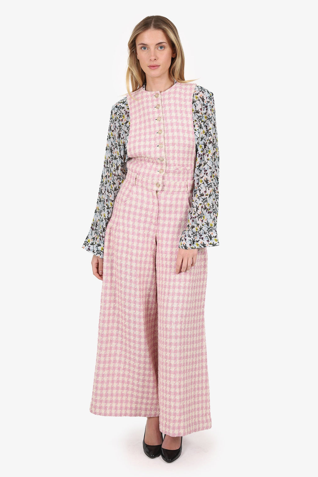 Pre-Loved Chanel™ 23SS Pink/White Tweed Plaid Sleeveless Jumpsuit Size 36