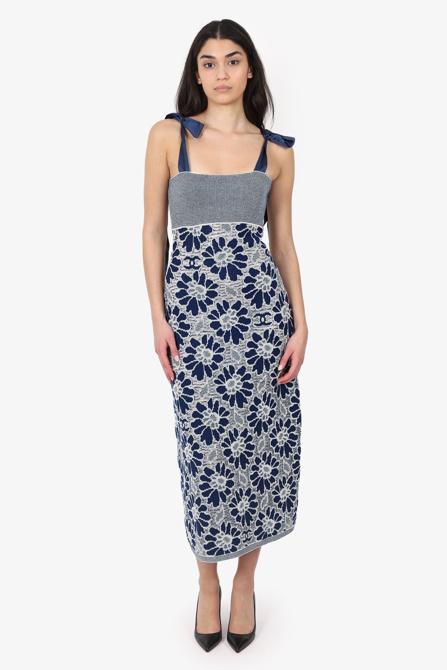 Pre-Loved Chanel™ 20P Navy Crochet Overlay Camelia Midi Sundress Size 38
