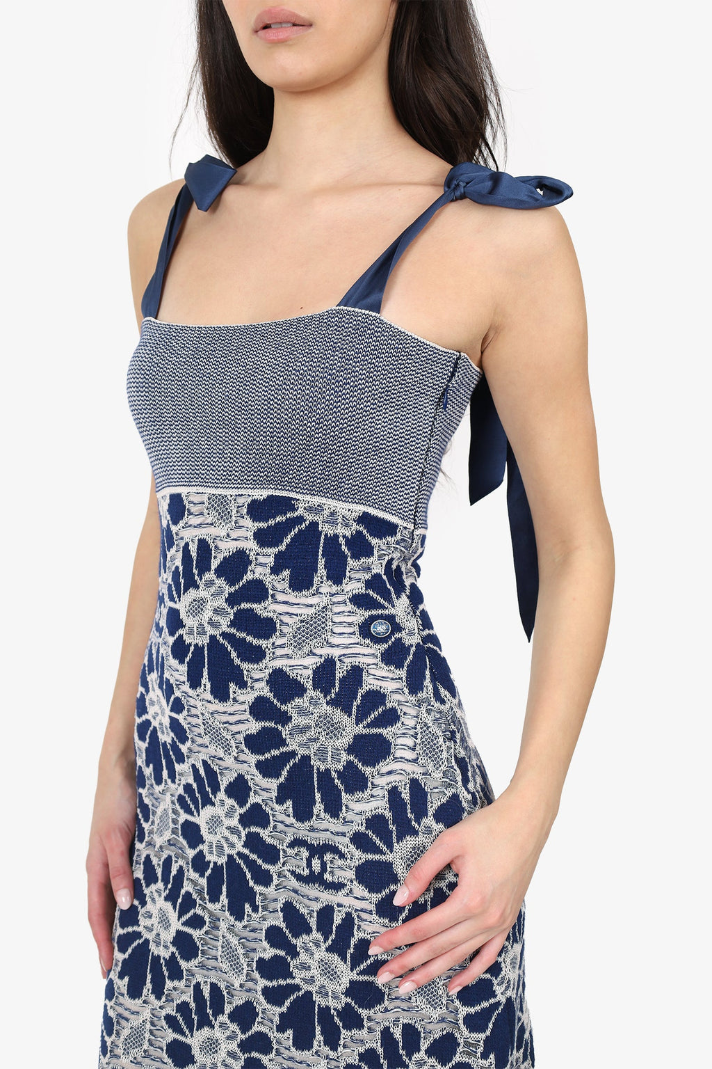Pre-Loved Chanel™ 20P Navy Crochet Overlay Camelia Midi Sundress Size 38