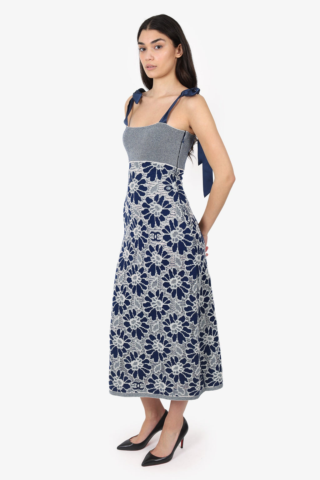 Pre-Loved Chanel™ 20P Navy Crochet Overlay Camelia Midi Sundress Size 38
