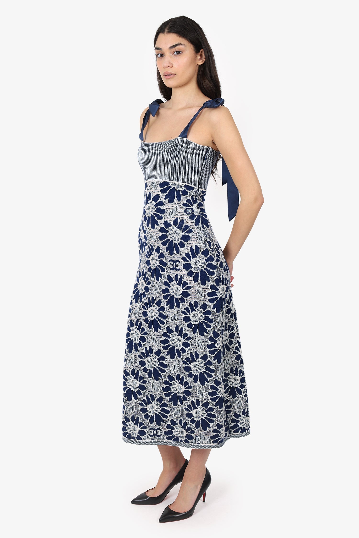 Pre-Loved Chanel™ 20P Navy Crochet Overlay Camelia Midi Sundress Size 38