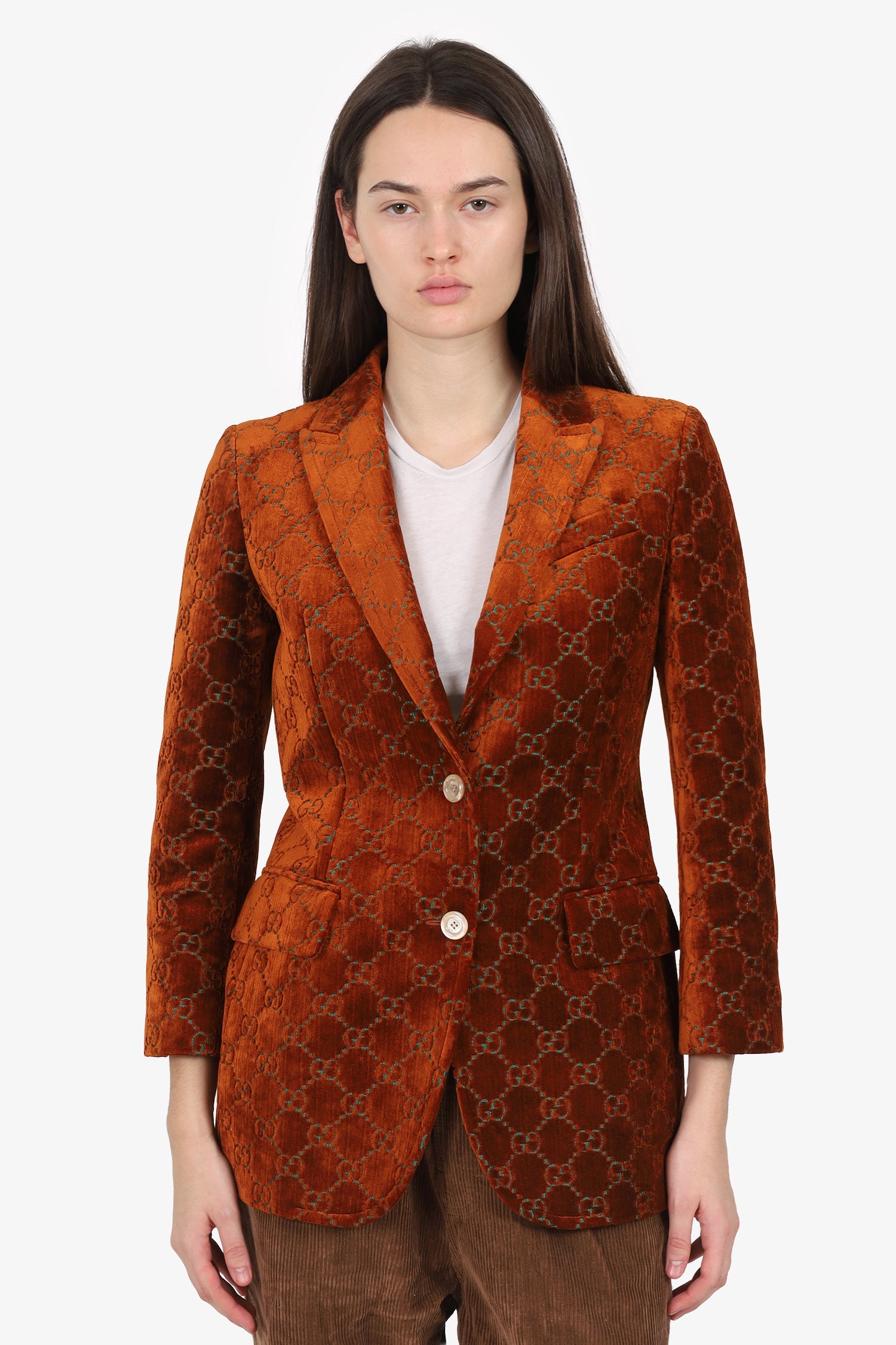 Gucci Brown GG Embroidered Velvet Blazer Size 40
