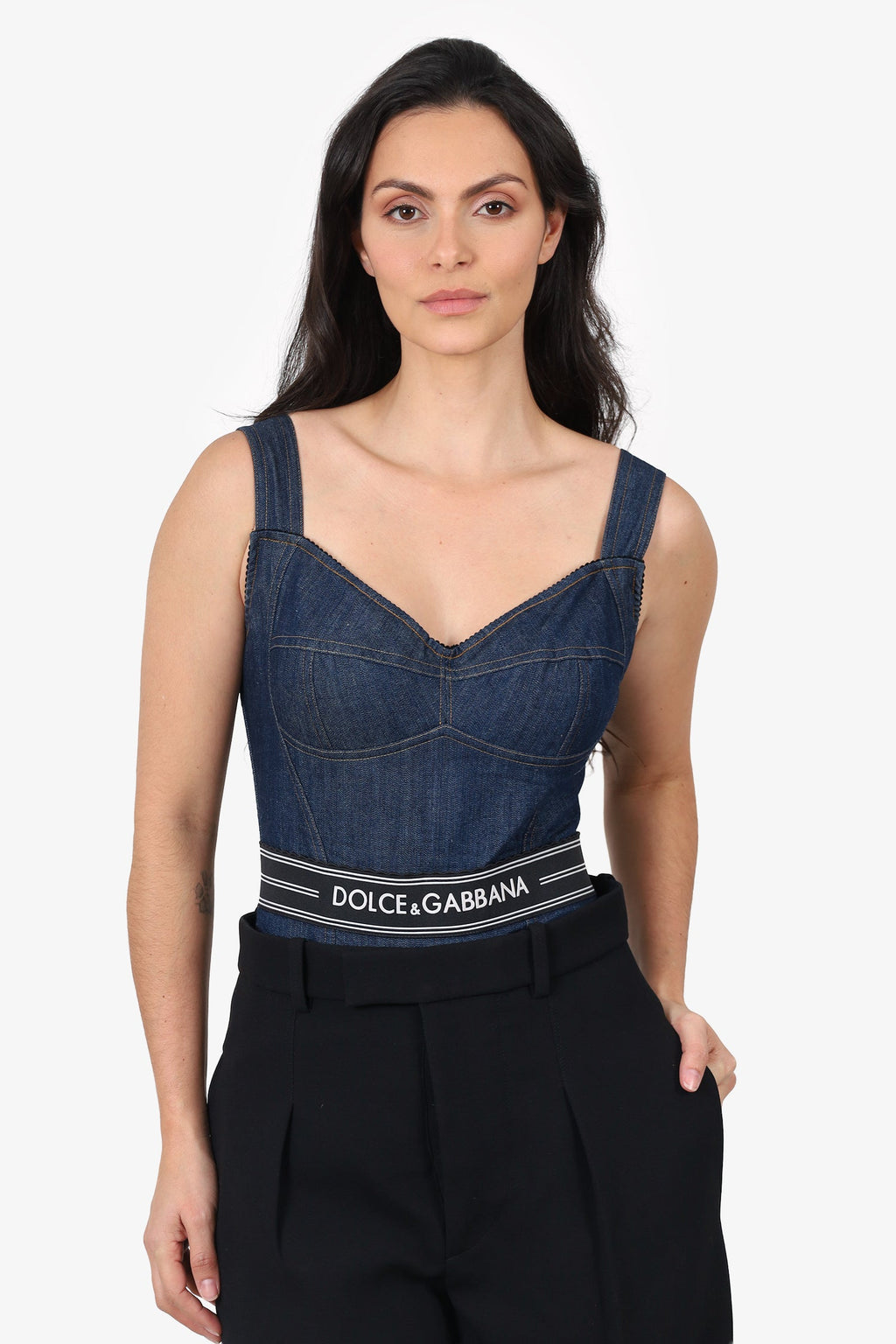 Dolce & Gabbana Blue Denim Logo Body Suit Size 44