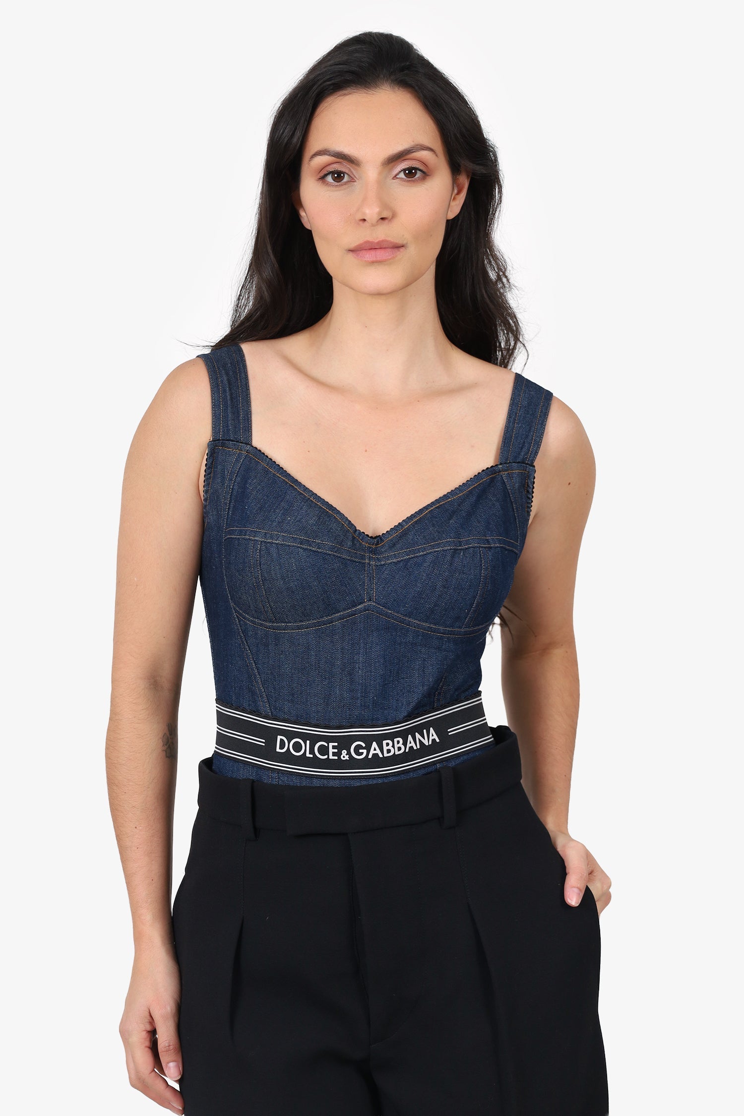 Dolce & Gabbana Blue Denim Logo Body Suit Size 44