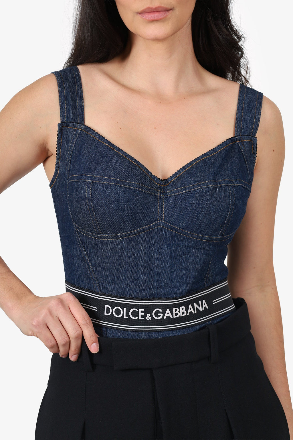 Dolce & Gabbana Blue Denim Logo Body Suit Size 44