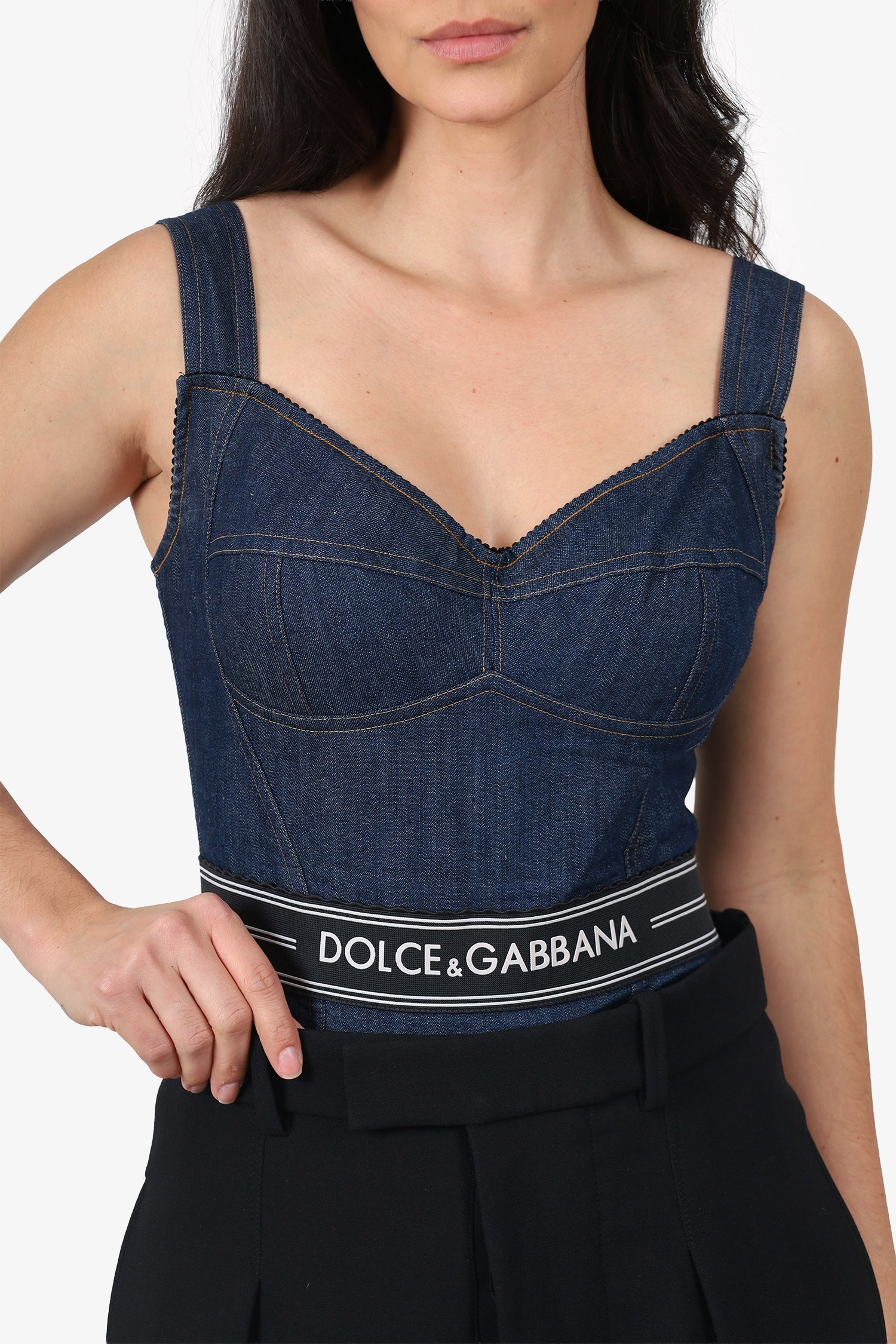 Dolce & Gabbana Blue Denim Logo Body Suit Size 44