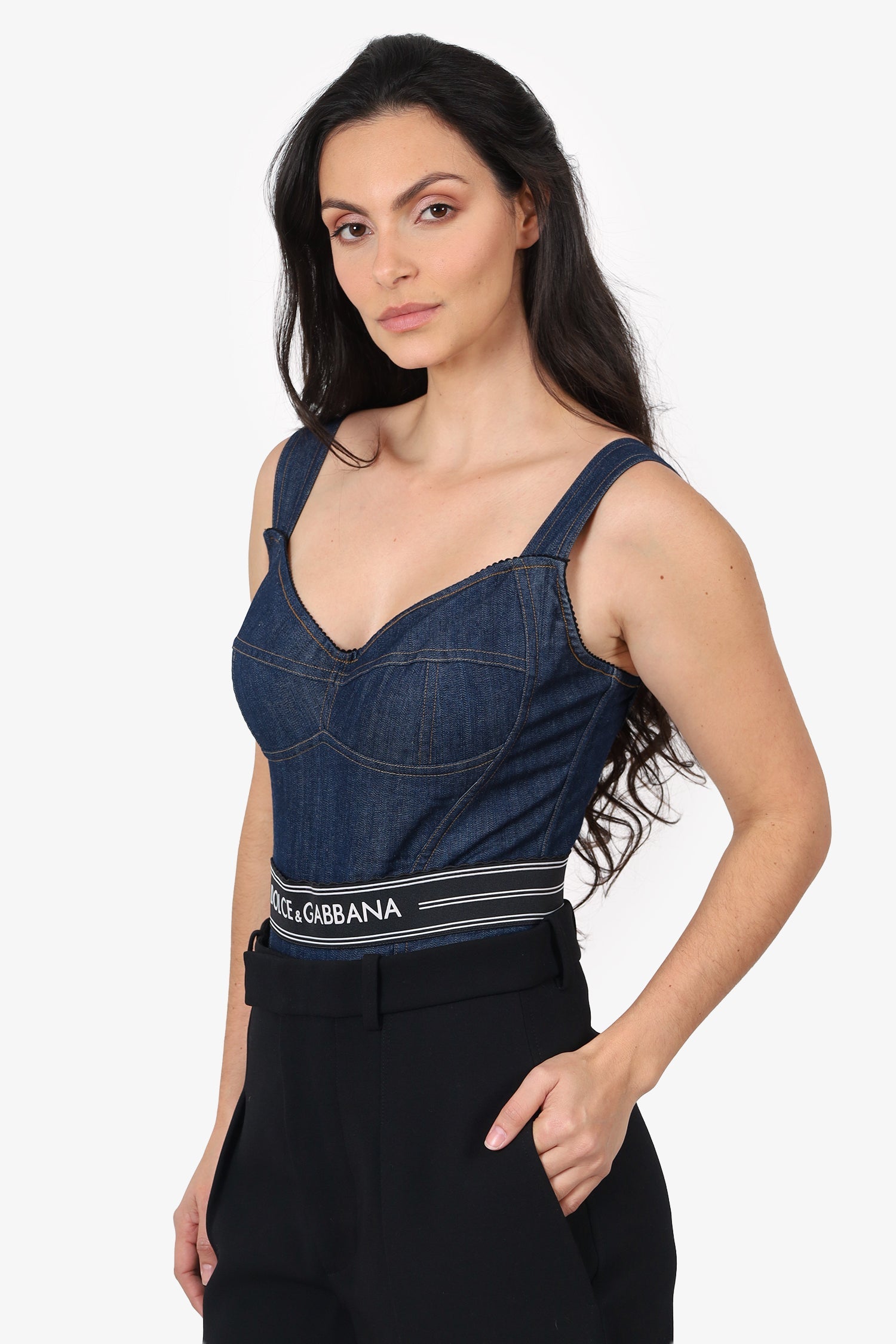 Dolce & Gabbana Blue Denim Logo Body Suit Size 44