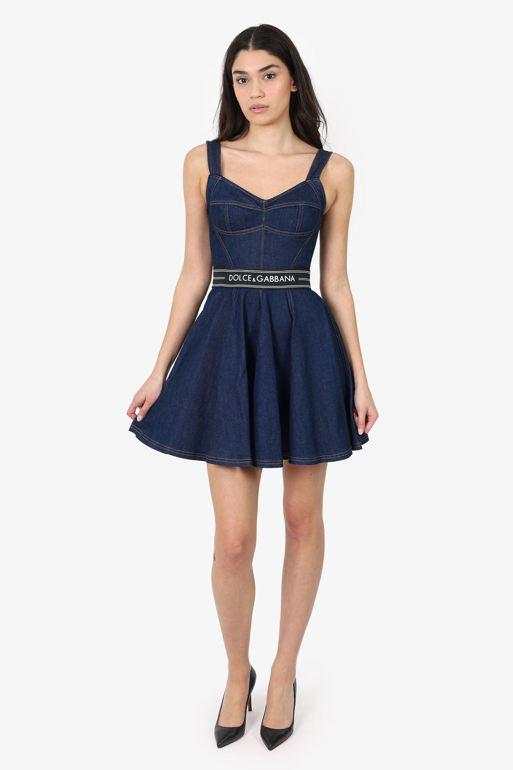 Dolce & Gabbana Blue Denim Logo Corset Mini Dress Size 40