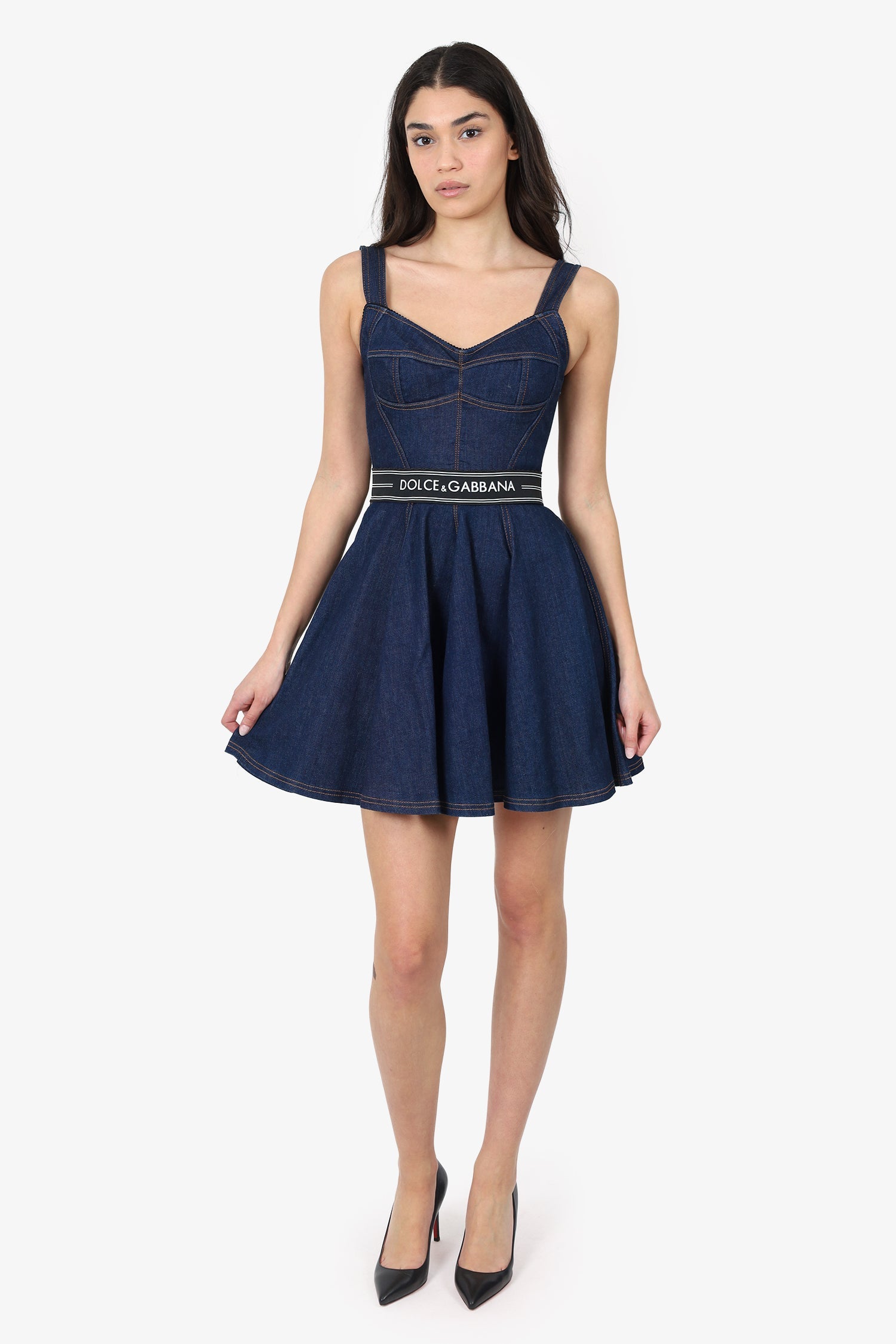 Dolce & Gabbana Blue Denim Logo Corset Mini Dress Size 40