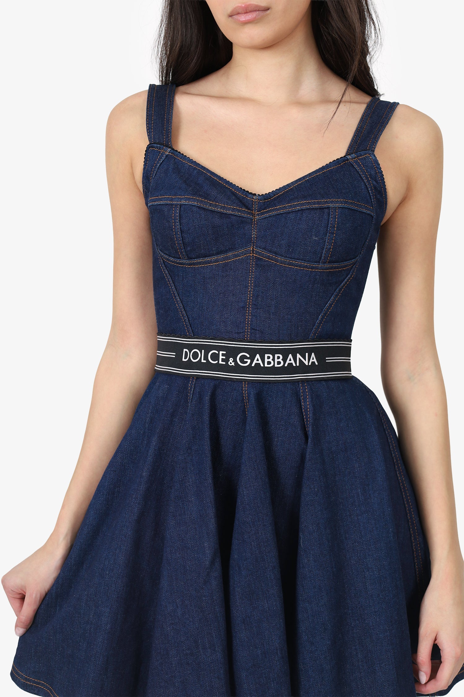 Dolce & Gabbana Blue Denim Logo Corset Mini Dress Size 40