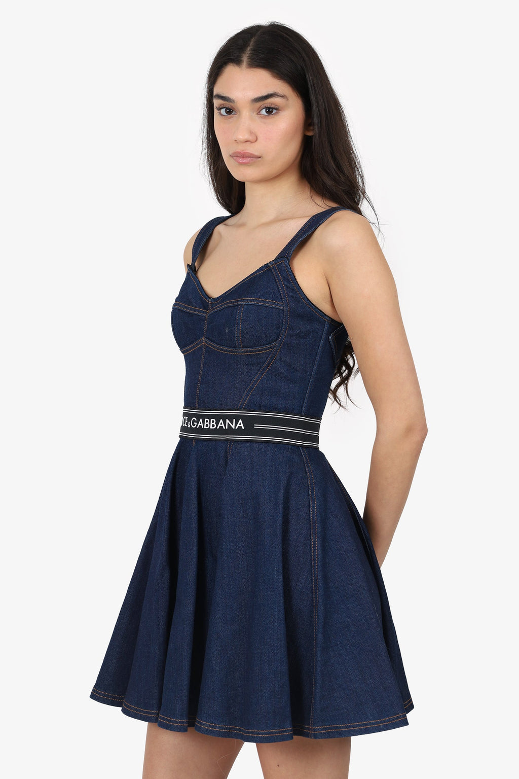 Dolce & Gabbana Blue Denim Logo Corset Mini Dress Size 40