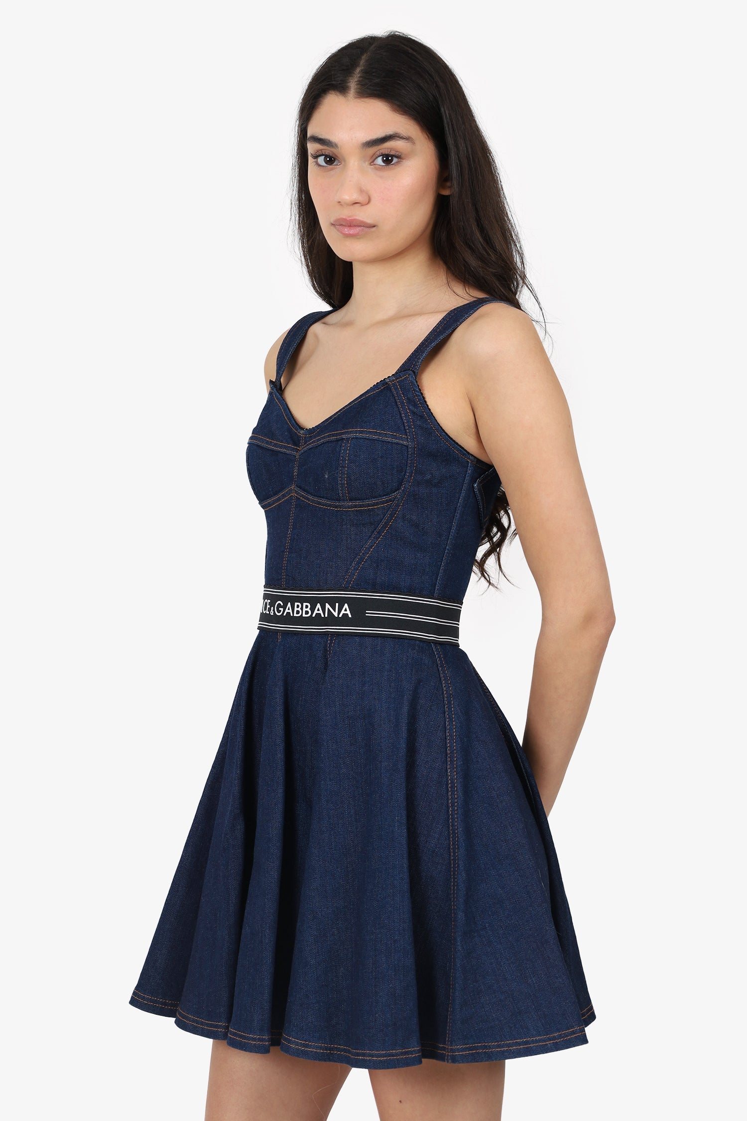 Dolce & Gabbana Blue Denim Logo Corset Mini Dress Size 40
