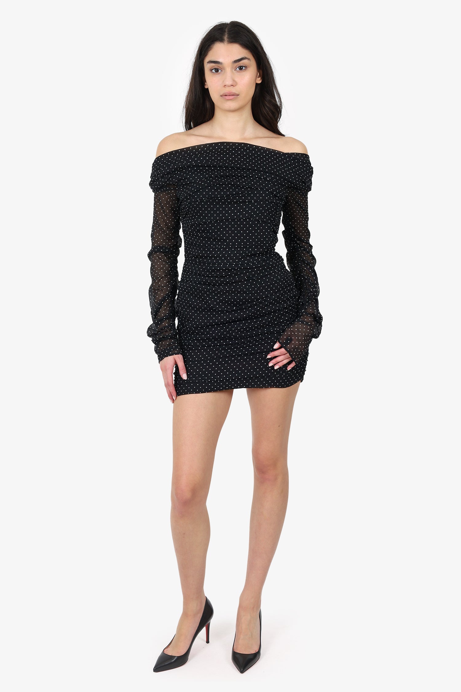Dolce & Gabbana Black/White Polka Dot Ruched Crystal Embellished Mini Dress Size 44