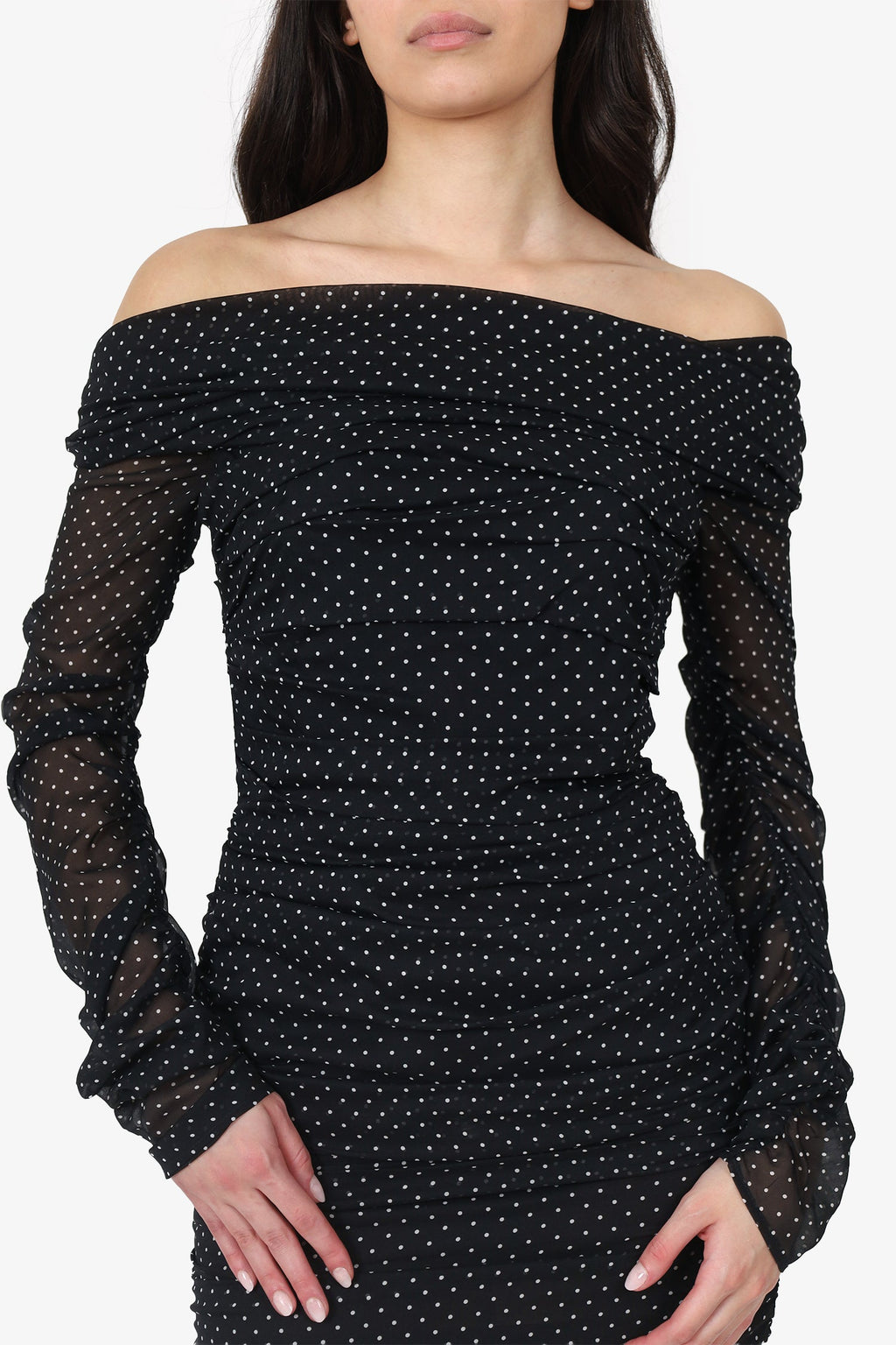 Dolce & Gabbana Black/White Polka Dot Ruched Crystal Embellished Mini Dress Size 44