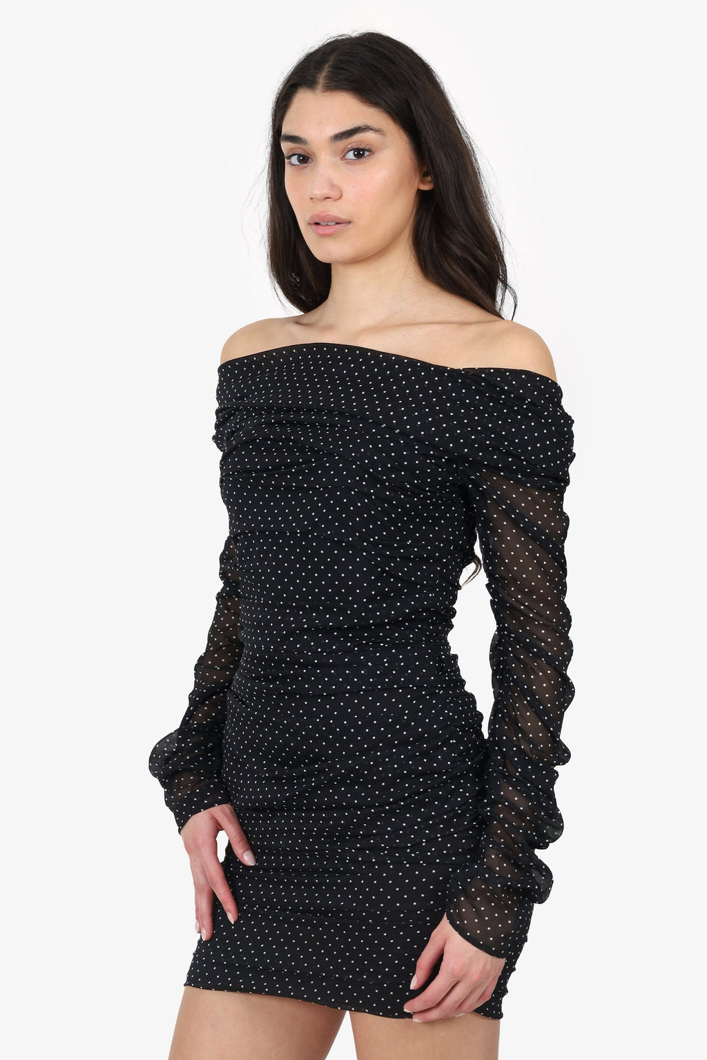 Dolce & Gabbana Black/White Polka Dot Ruched Crystal Embellished Mini Dress Size 44