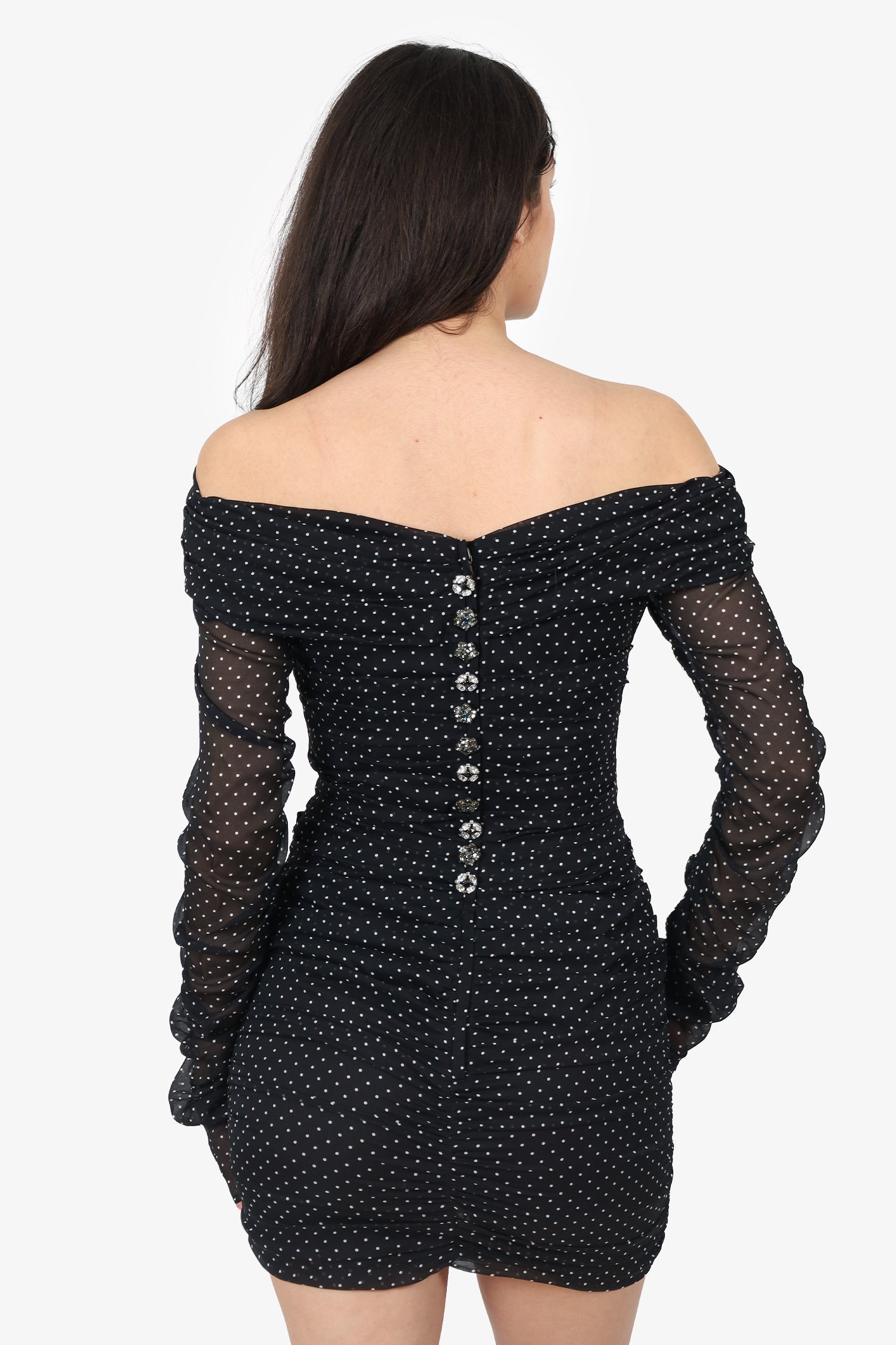 Dolce & Gabbana Black/White Polka Dot Ruched Crystal Embellished Mini Dress Size 44