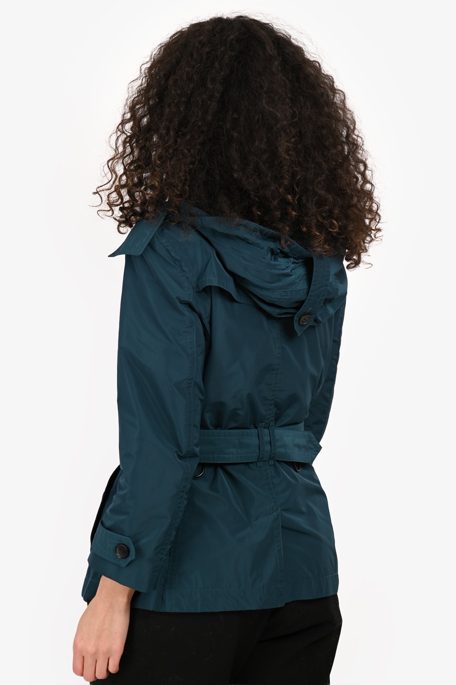 Burberry Brit Teal Nylon Double Breasted Removable Hood Trench Coat Size 8 US
