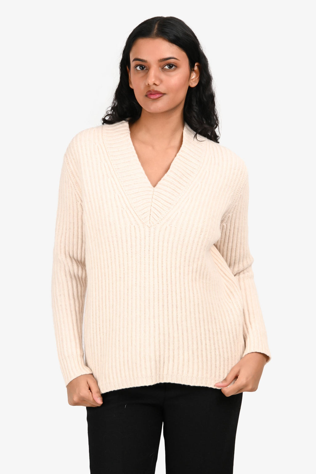 Acne Studios Cream Wool Ribbed V-Neck Sweater Size XS