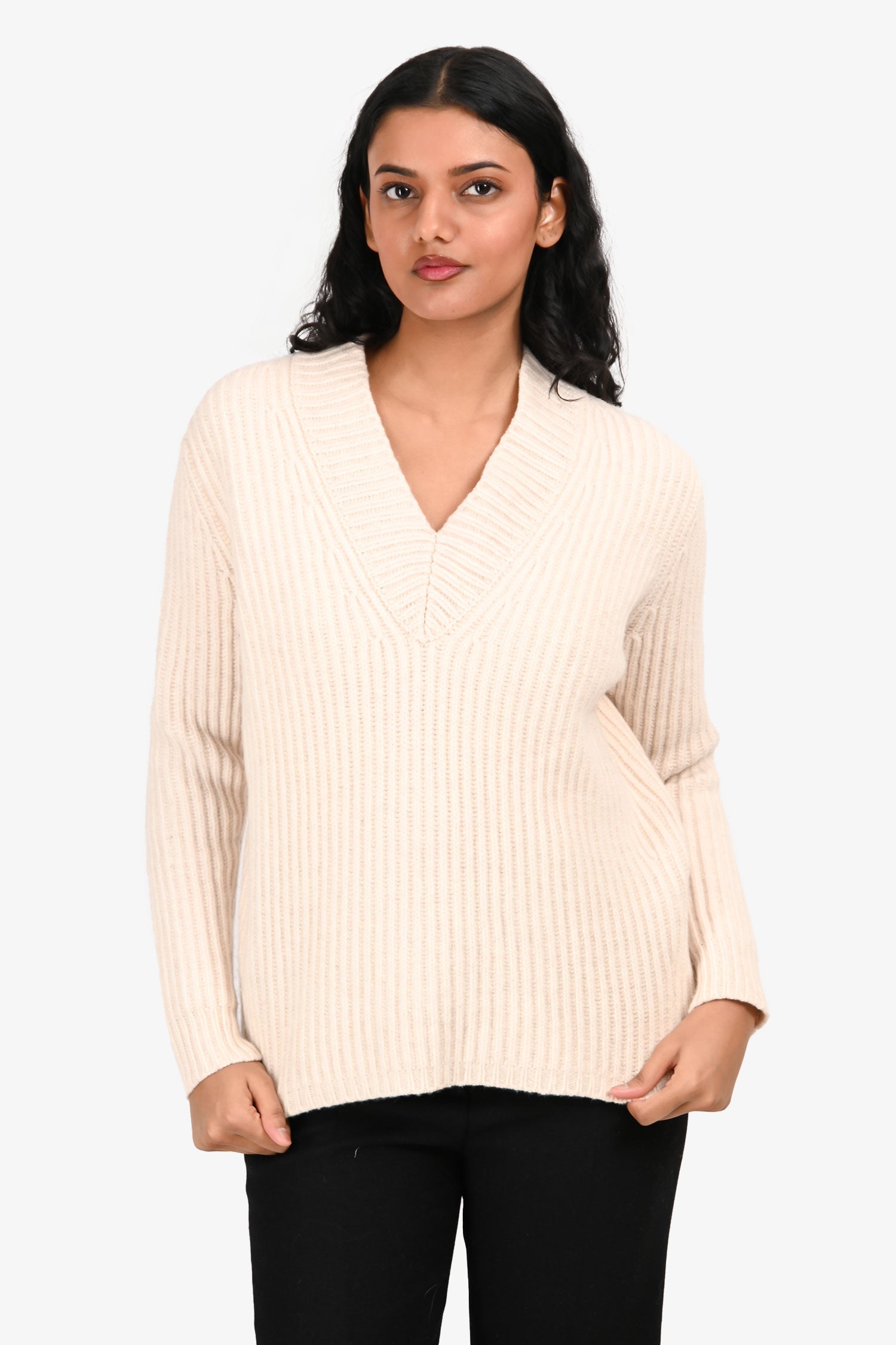 Acne Studios Cream Wool Ribbed V-Neck Sweater Size XS