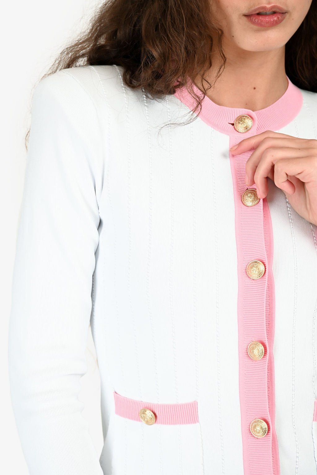L'Agence Pink/White Gold Buttoned Shoulder Padded igan Size S